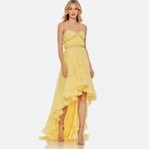 NWT Mac Duggal Size 8 Yellow 68096 Beaded Strapless Ruffle High Low Gown Dress